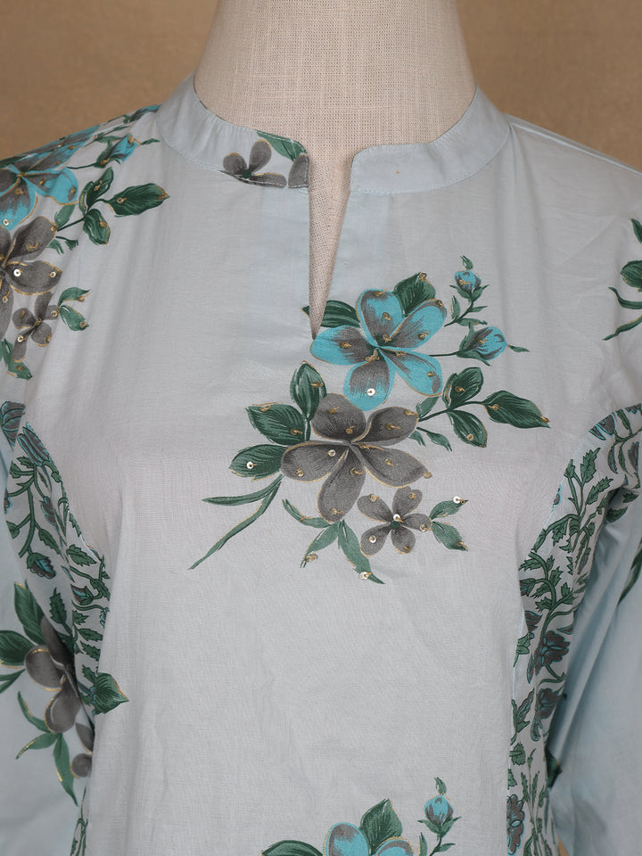 Sky Blue Floral Design Printed Cotton Salwar Suit - Diadem