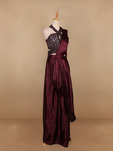 Dark Red Embroidery Satin Ready To Wear Saree with Designer Blouse - Diadem