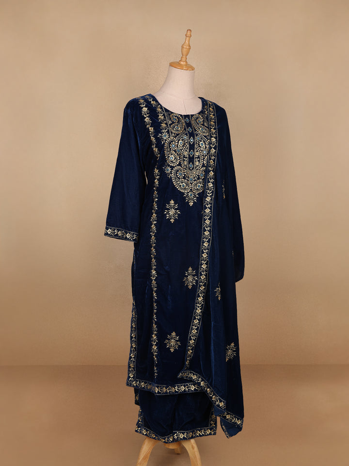 Blue Floral Designed Velvet Co Ord Salwar Suit - Diadem