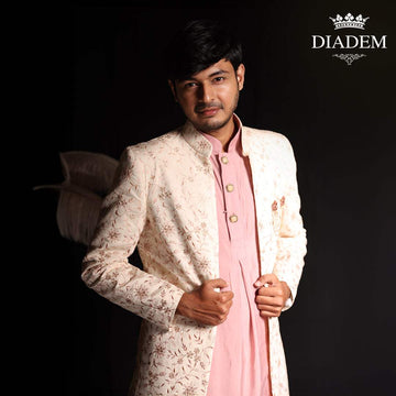 Cream Raw Silk Floral Designed Sherwani Suit - Diadem