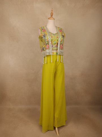 Lime Yellow Floral Sequins Embroidery Palazzo Suit - Diadem
