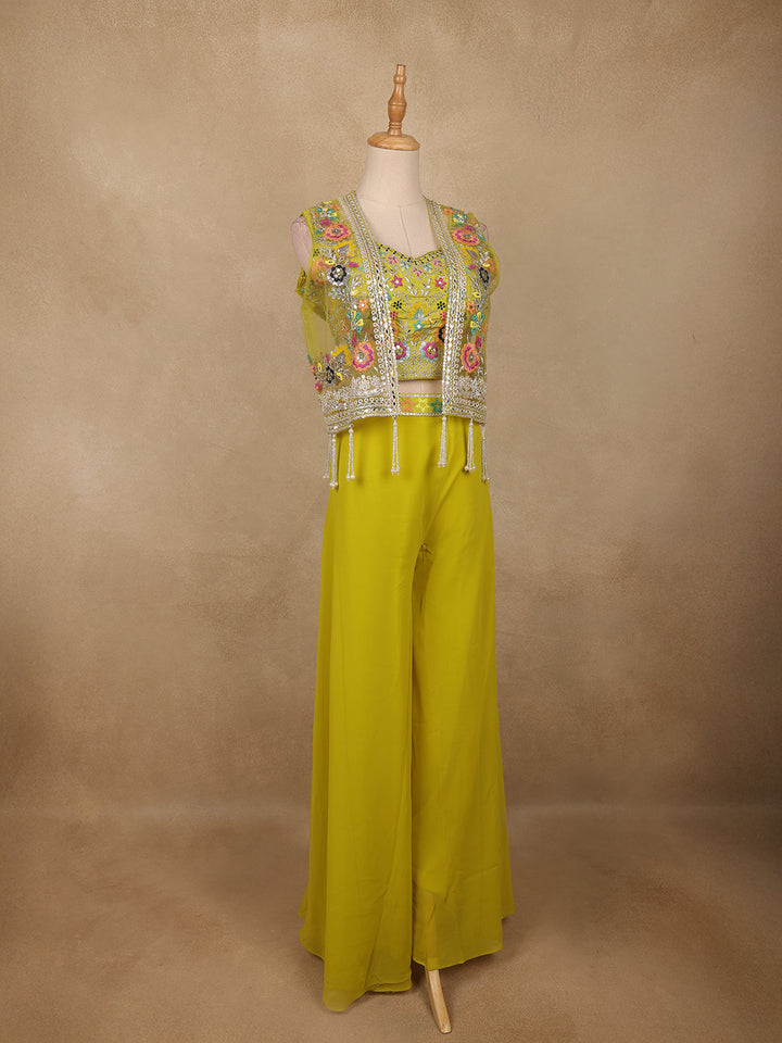 Lime Yellow Floral Sequins Embroidery Palazzo Suit - Diadem