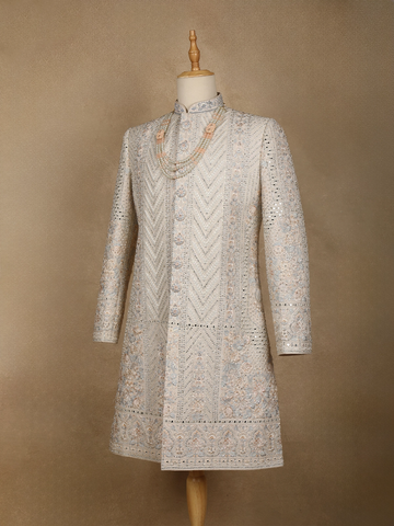 Cream Floral Embroidered Cotton Sherwani Suit - Diadem