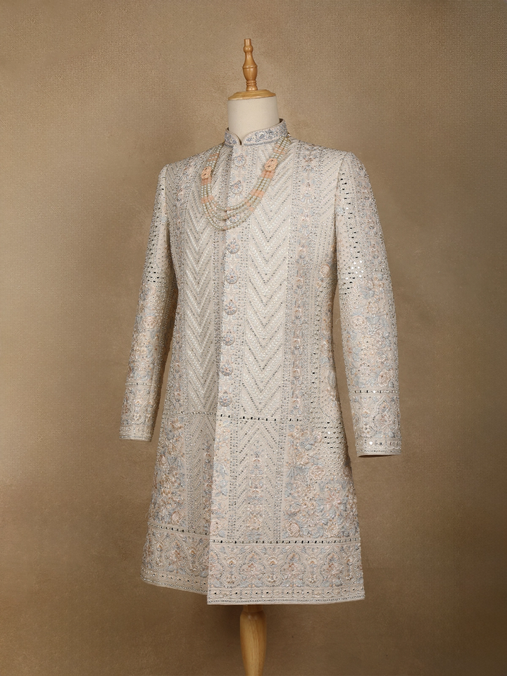 Cream Floral Embroidered Cotton Sherwani Suit - Diadem