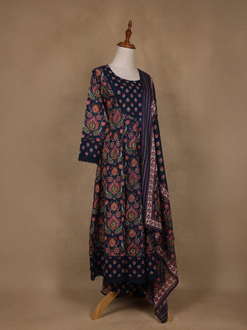 Navy Blue Floral Design Printed Cotton Salwar Suit - Diadem