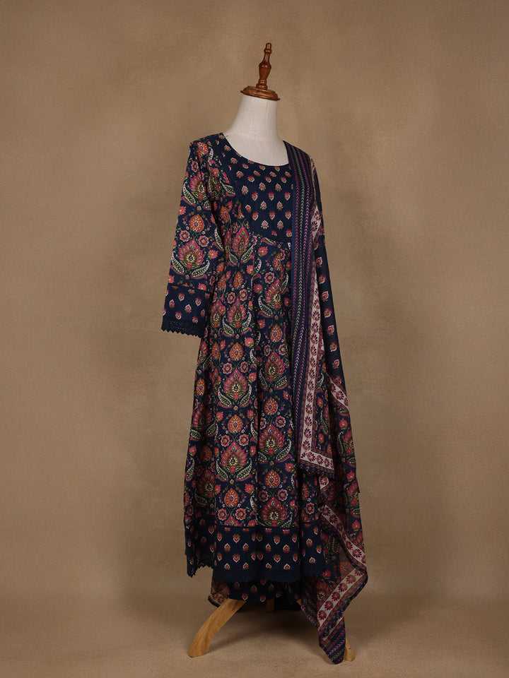 Navy Blue Floral Design Printed Cotton Salwar Suit - Diadem
