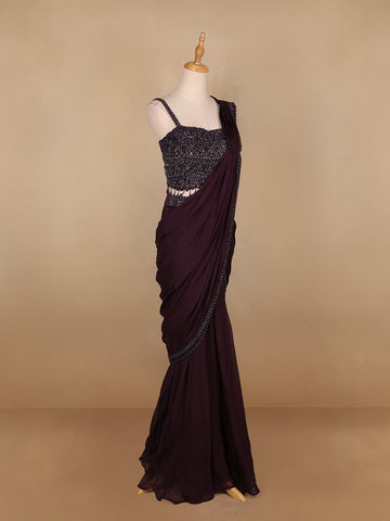 Dark Red Embroidery Crepe Ready To Wear Saree with Designer Blouse - Diadem