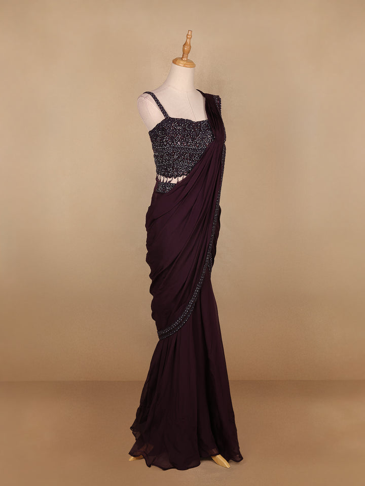 Dark Red Embroidery Crepe Ready To Wear Saree with Designer Blouse - Diadem