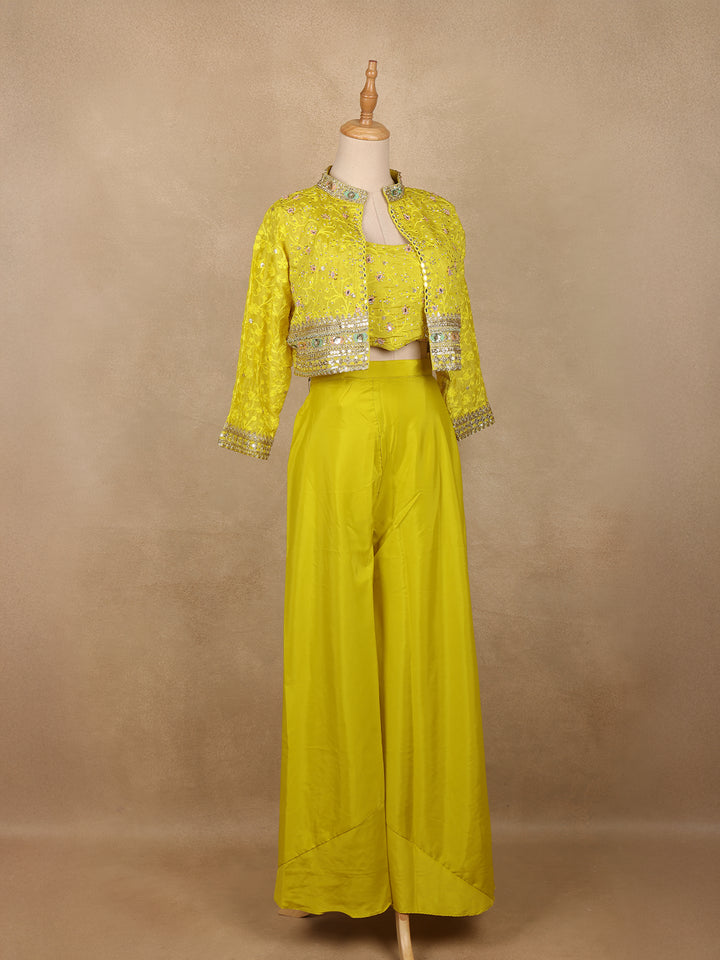 Mustard Yellow Floral Sequins Embroidery Palazzo Suit - Diadem