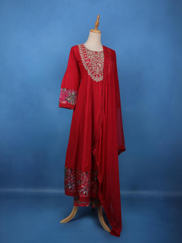 Deep Red Floral Embroidered Cotton Salwar Suit - Diadem