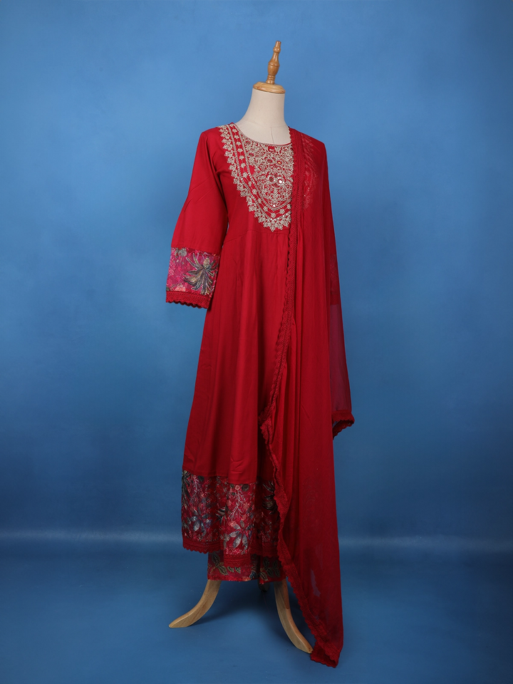 Deep Red Floral Embroidered Cotton Salwar Suit - Diadem