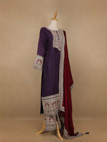 Dark Purple Floral Designed Crepe Anarkali Salwar Suit - Diadem