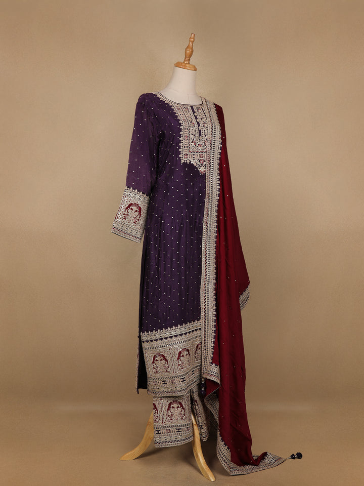 Dark Purple Floral Designed Crepe Anarkali Salwar Suit - Diadem