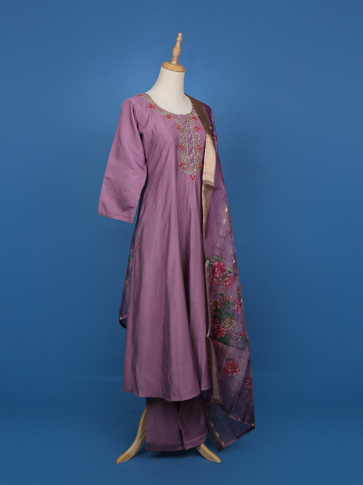 Light Purple Floral Designed Cotton Anarkali Salwar Suit - Diadem