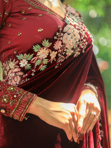 Dark Red Floral Embroidered Velvet Designer Saree - Diadem