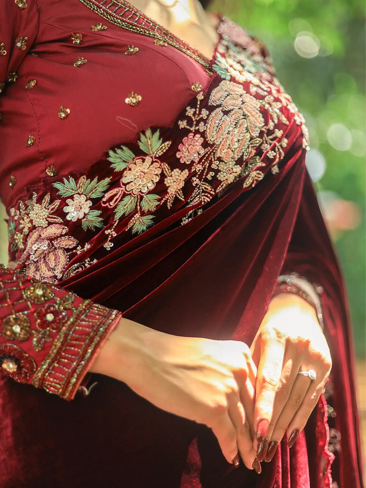 Dark Red Floral Embroidered Velvet Designer Saree - Diadem