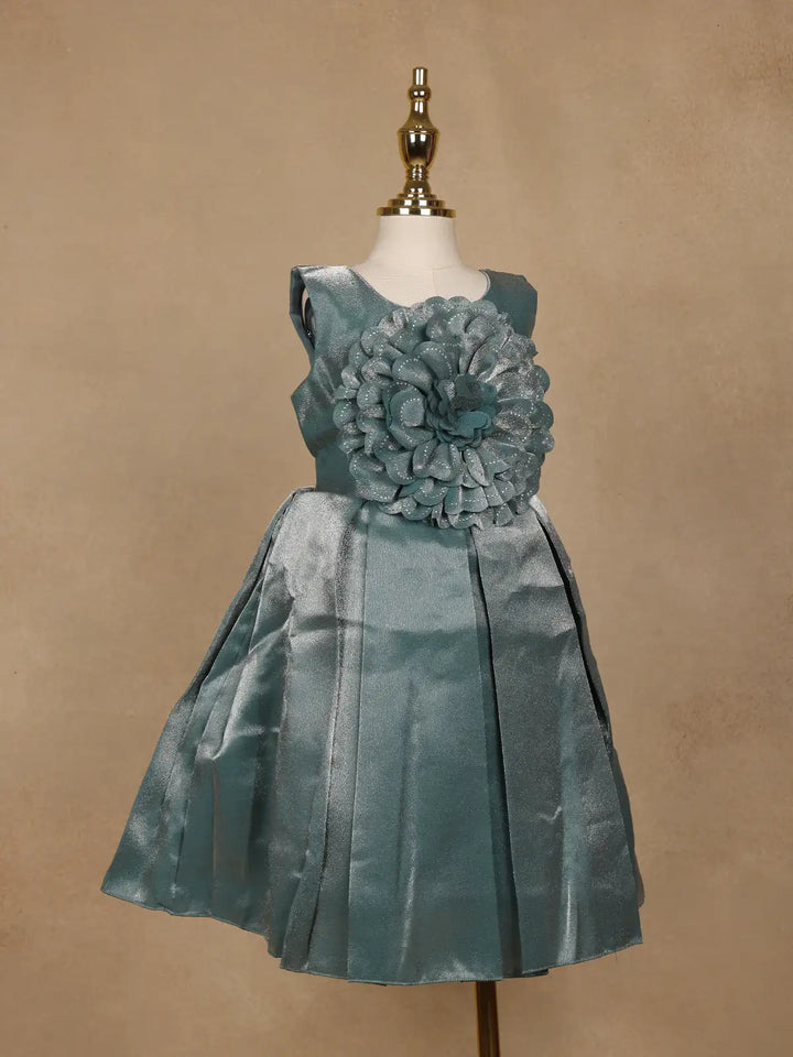 Teal Green Metallic Shine Party Frock with Oversized Glitter Floral Embellishment - Diadem
