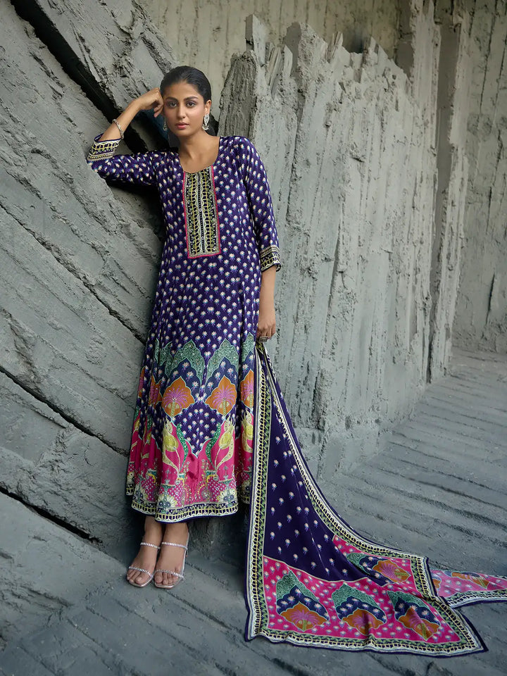 Navy Blue Floral Printed Synthetic Salwar Suit - Diadem