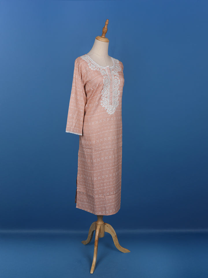 Peach Floral Designed Cotton Kurti - Diadem
