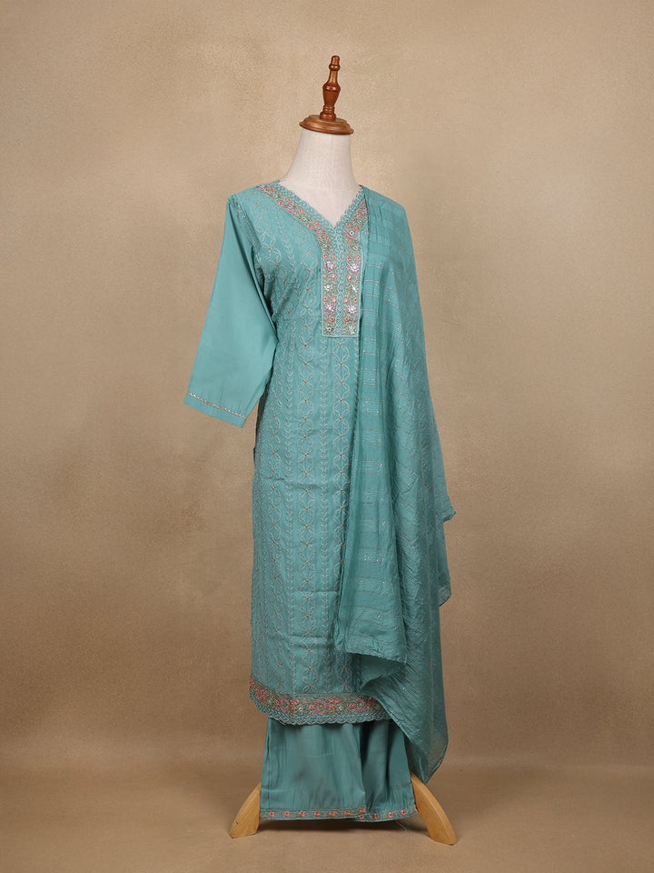 Light Blue Sequins Floral Design Cotton Salwar Suit - Diadem