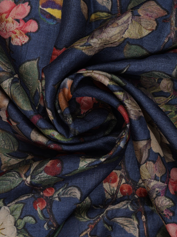 Navy Blue Floral Woven Tussar Silk Saree - Diadem