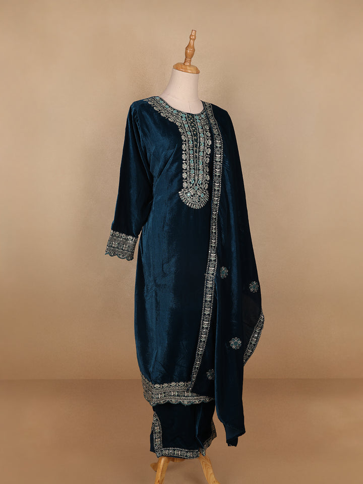 Blue Floral Designed Velvet Co Ord Salwar Suit - Diadem