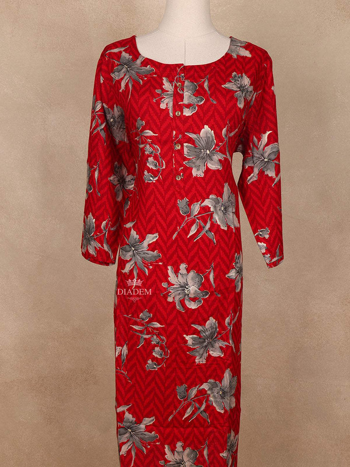 Red Floral Printed Cotton Kurti - Diadem