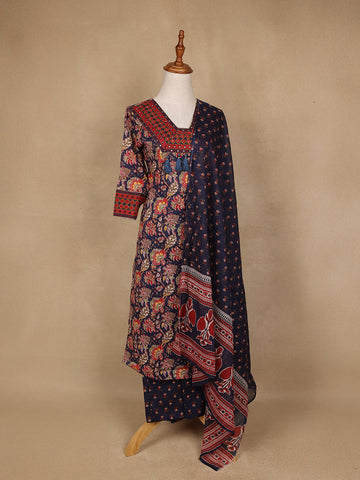 Navy Blue Floral Design Printed Cotton Salwar Suit - Diadem