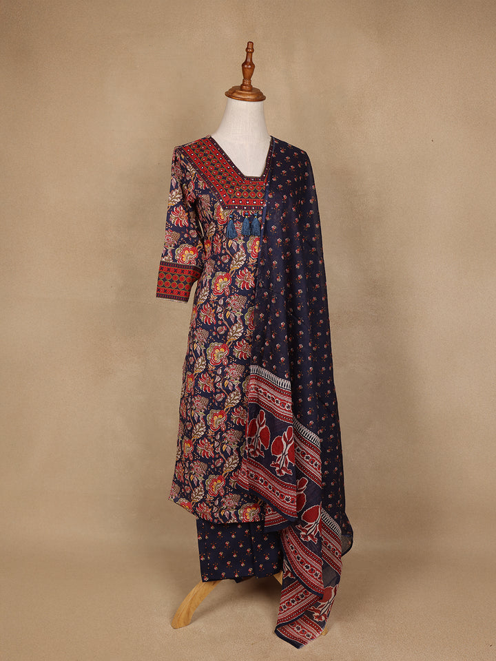 Navy Blue Floral Design Printed Cotton Salwar Suit - Diadem