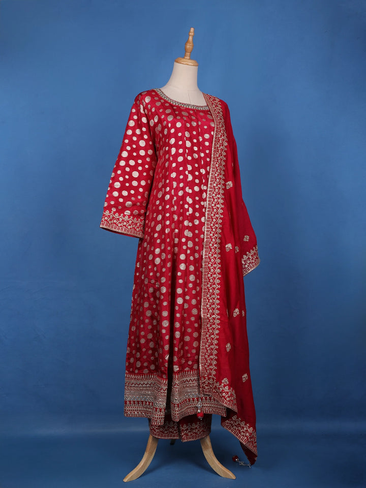 Cherry Red Sequins Embellished Banarasi Salwar Suit - Diadem
