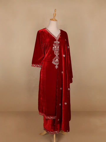 Red Floral Designed Velvet Co Ord Salwar Suit - Diadem