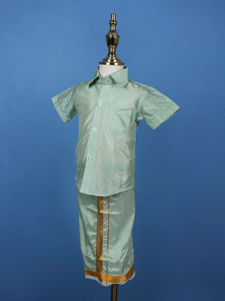 Mint Green Silk Dhoti With Matching Half Sleeve Shirt - Diadem