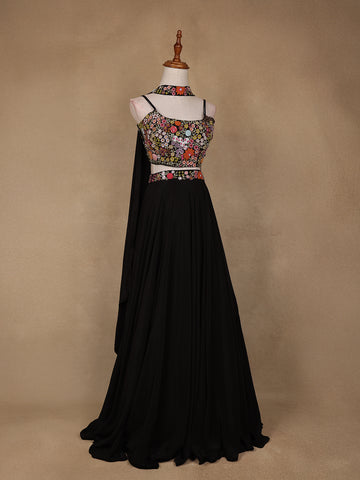 Black Floral Embroidered Satin Lehenga - Diadem
