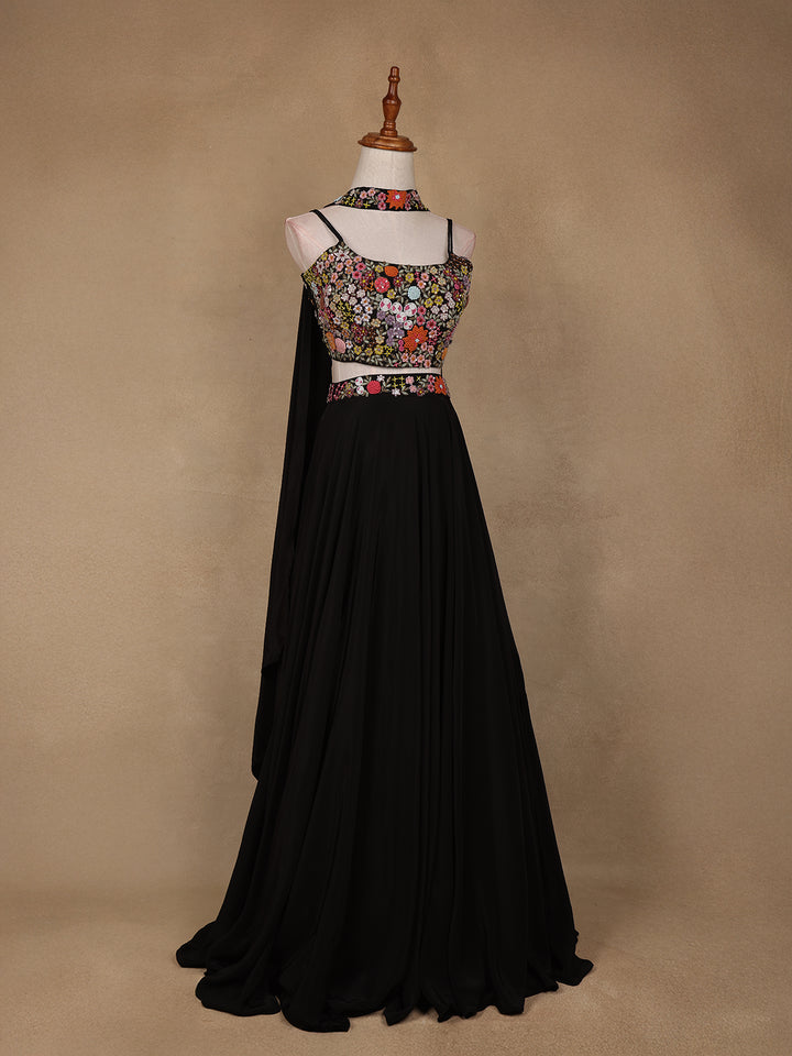 Black Floral Embroidered Satin Lehenga - Diadem
