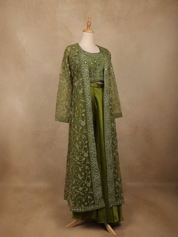 Olive Green Floral Design Net Palazzo Suit - Diadem