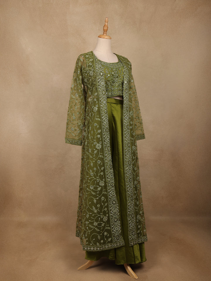 Olive Green Floral Design Net Palazzo Suit - Diadem