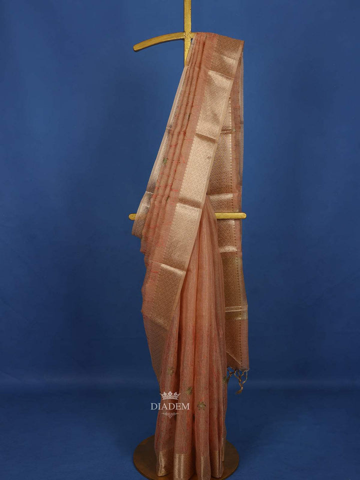 Peach Floral Printed Tissue Organza Saree - Diadem