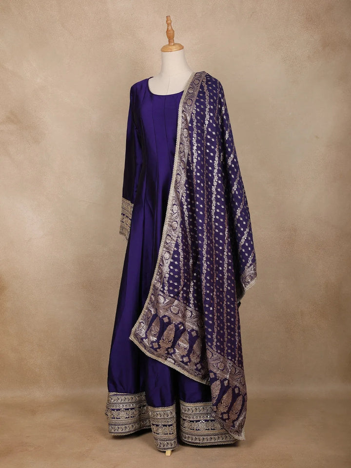 Purple Panel Semi Silk Anarkali Full Sleeve Gown - Diadem