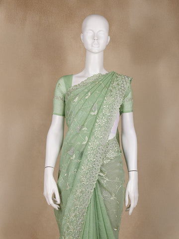 Green Floral Designed Organza Designer Saree - Diadem