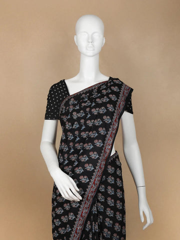 Black Floral Design Cotton Saree - Diadem