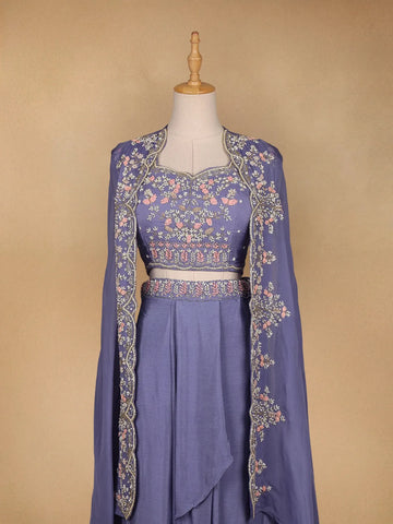 Blue Floral Embroidered Crepe Bridesmaids Lehenga - Diadem