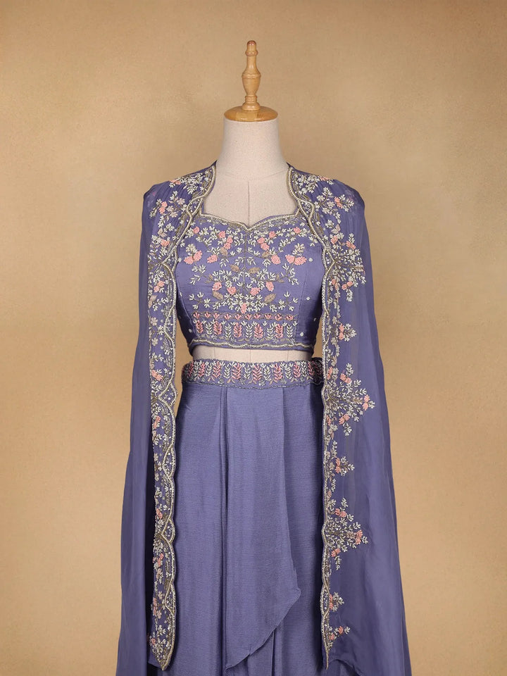 Blue Floral Embroidered Crepe Bridesmaids Lehenga - Diadem