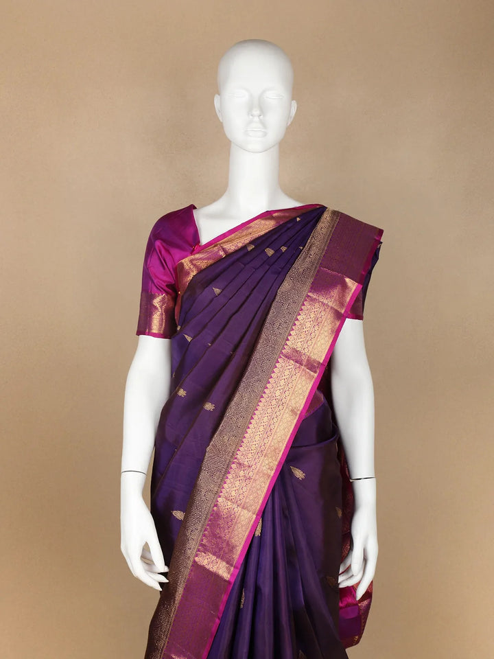 Violet Floral Motifs Pure Kanchipuram Silk Saree - Diadem