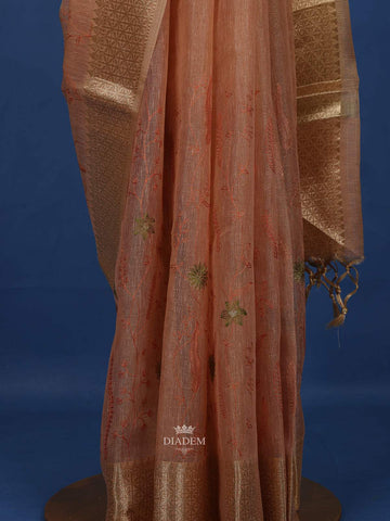 Peach Floral Printed Tissue Organza Saree - Diadem