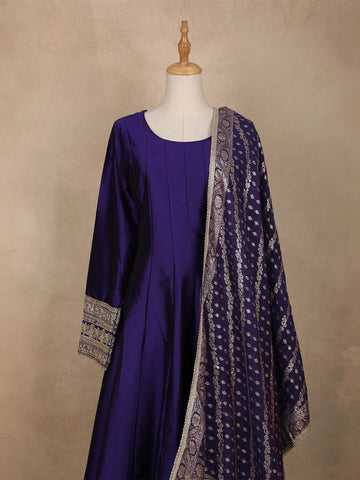 Purple Panel Semi Silk Anarkali Full Sleeve Gown - Diadem