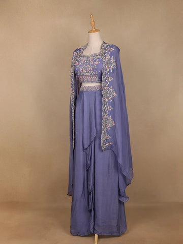 Blue Floral Embroidered Crepe Bridesmaids Lehenga - Diadem