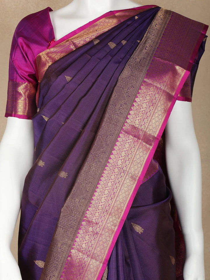 Violet Floral Motifs Pure Kanchipuram Silk Saree - Diadem