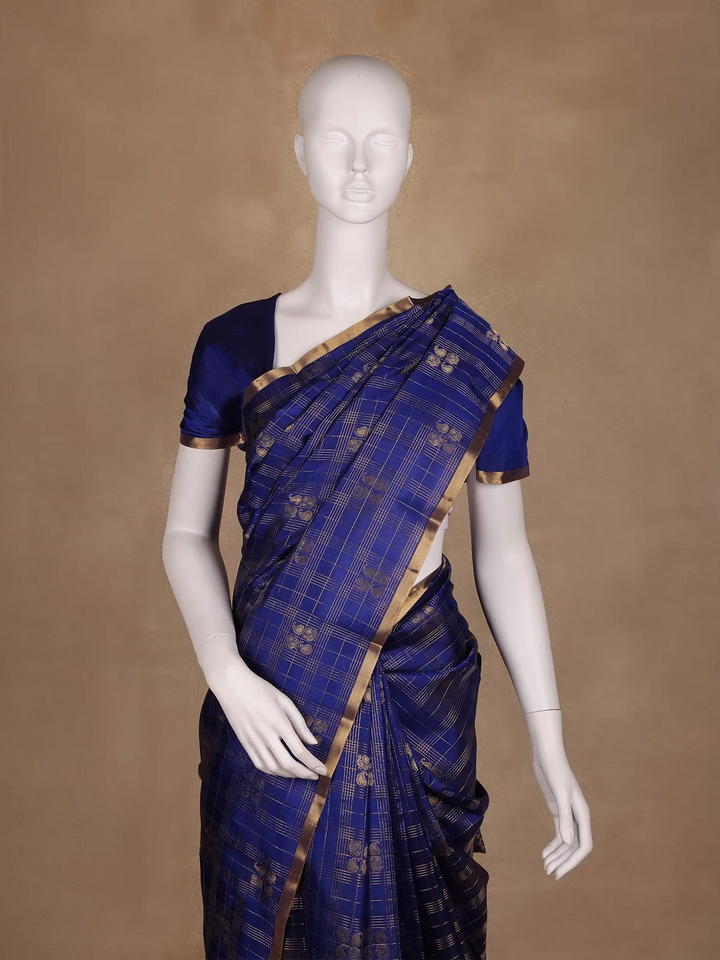 Royal Blue Checked Peacock Motif Kanchipuram Silk Saree - Diadem