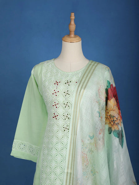 Pista Green Floral Embroidery Cotton Salwar Suit - Diadem