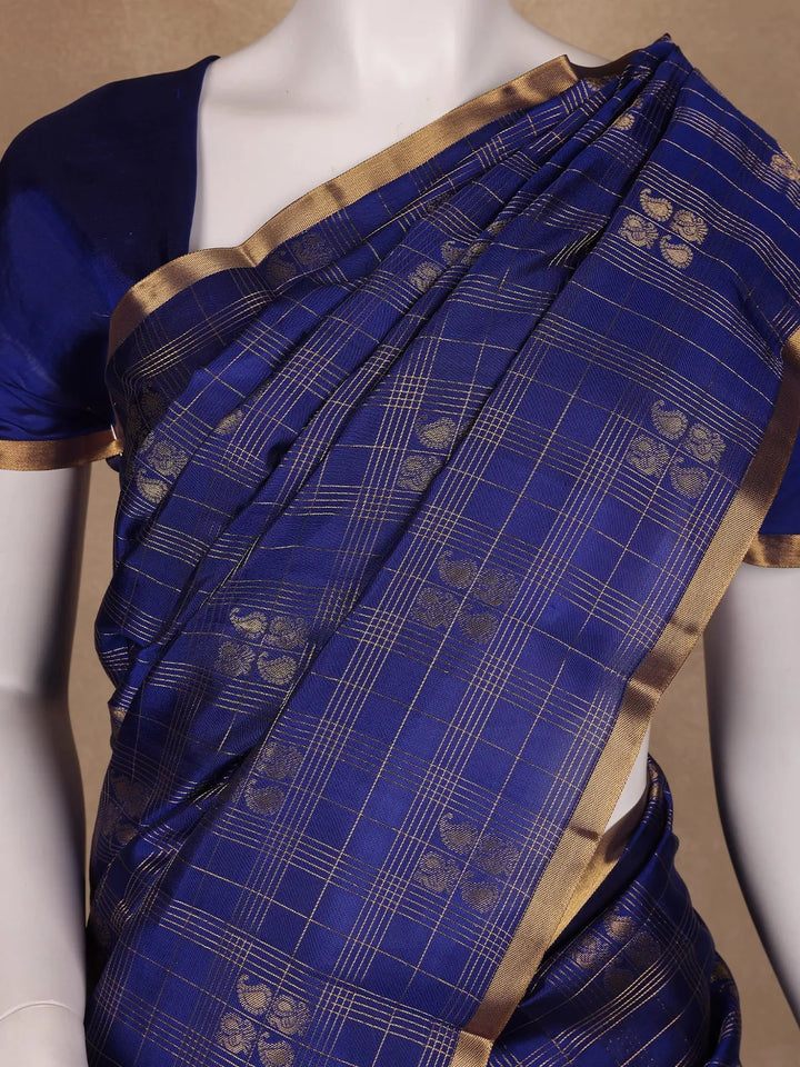 Royal Blue Checked Peacock Motif Kanchipuram Silk Saree - Diadem